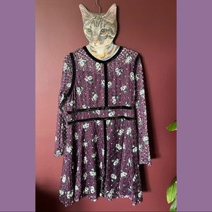 Velvet Trim Floral Fit & Flare Dress